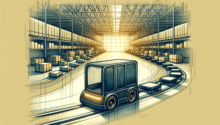 Draw an illustration of a tugger agv towing multiple carts along a clearly defined