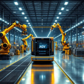 A photograph of a dynamic scene in a modern warehouse showcasing an automated guided vehicle (agv) in action