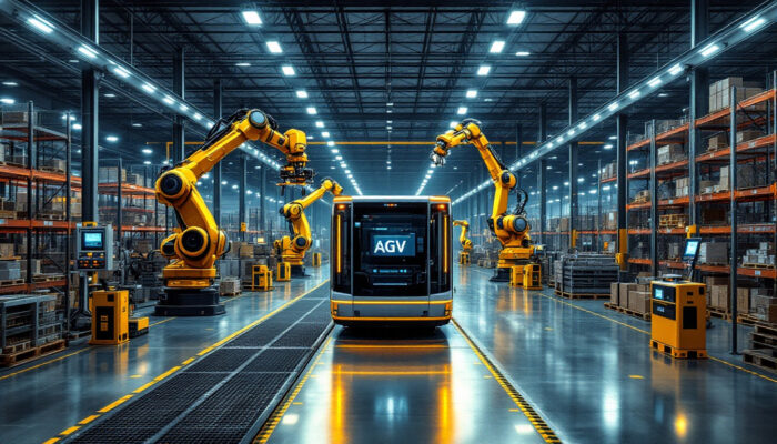 A photograph of a dynamic scene in a modern warehouse showcasing an automated guided vehicle (agv) in action