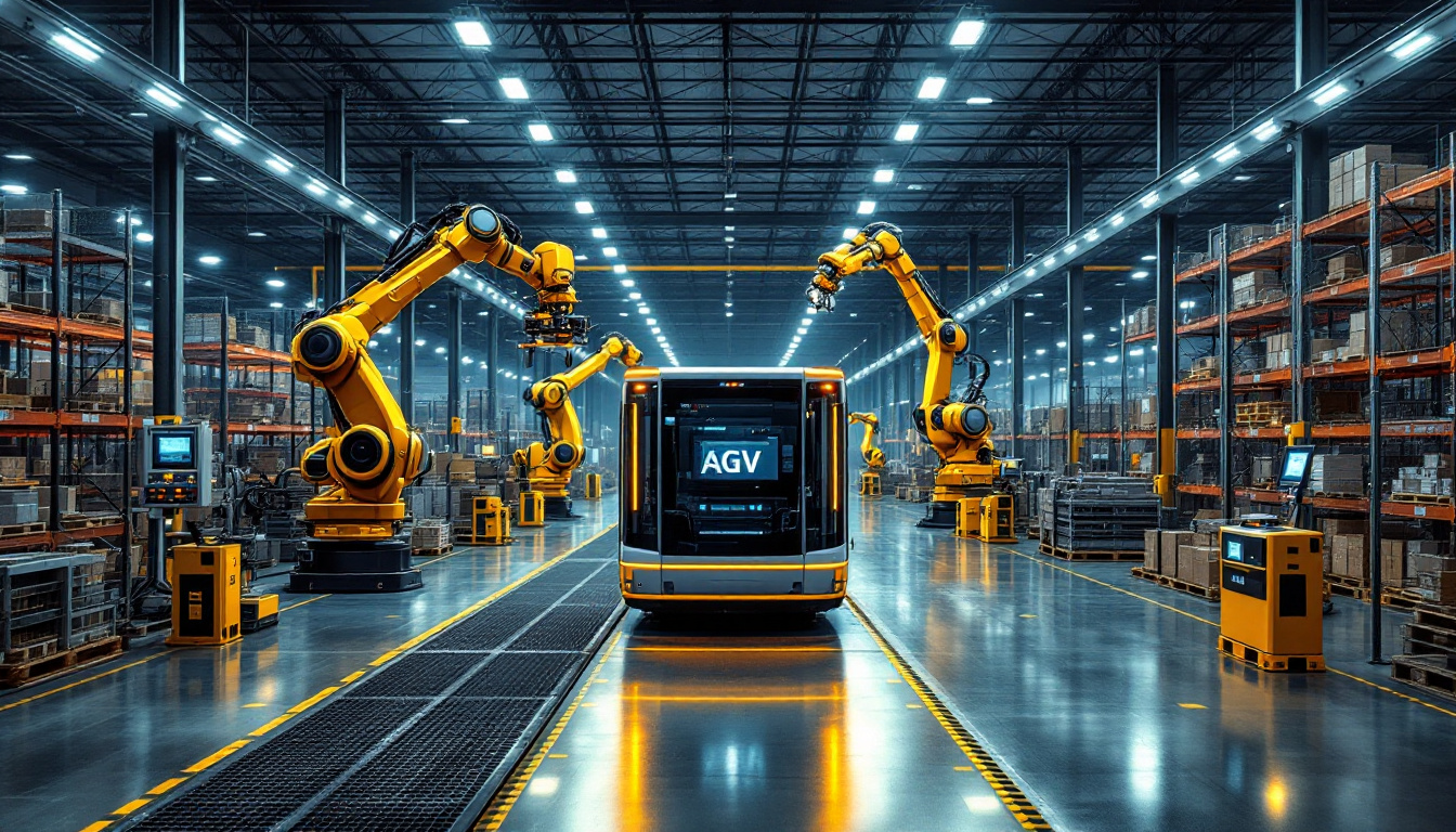 A photograph of a dynamic scene in a modern warehouse showcasing an automated guided vehicle (agv) in action