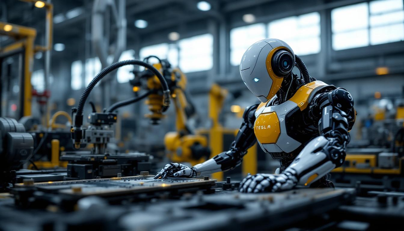A photograph of a tesla bot in an industrial setting