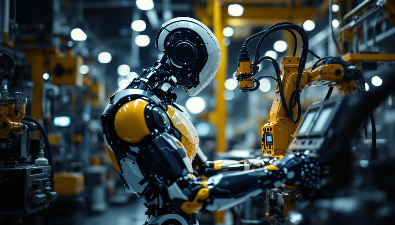 A photograph of capture a photograph of a sleek industrial robot in action within a modern manufacturing environment