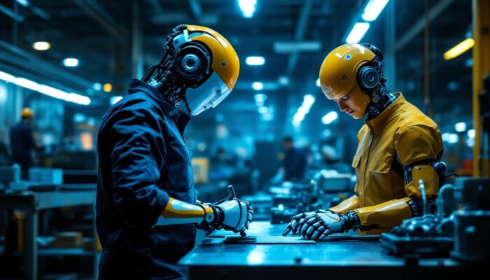 A photograph of a collaborative robot (cobot) working alongside humans in an industrial setting