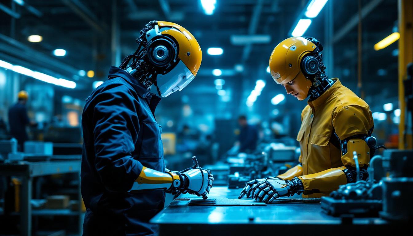 A photograph of a collaborative robot (cobot) working alongside humans in an industrial setting
