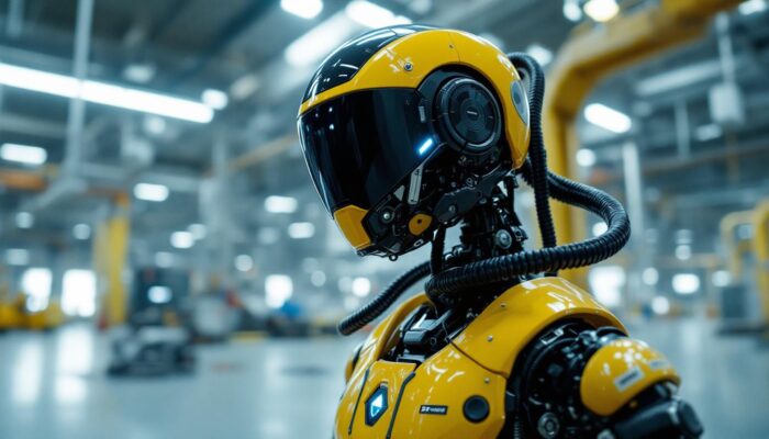 A photograph of a boston dynamics robot in action within an industrial setting