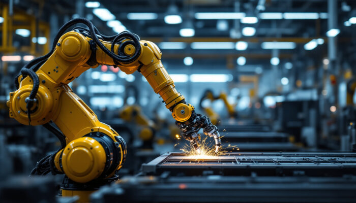 A photograph of a sleek industrial robotic arm in action