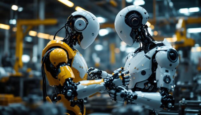 A photograph of a sleek industrial robot in action within a factory setting