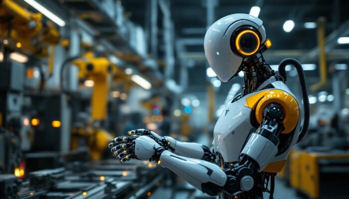 A photograph of a tesla robot in an industrial setting