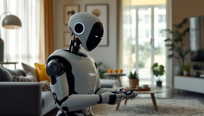 A photograph of a sleek tesla home robot in a modern