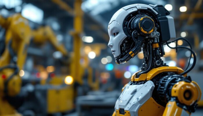 A photograph of a high-tech industrial robot in action