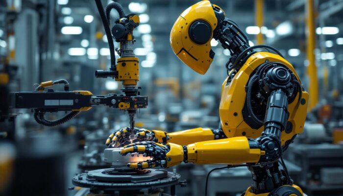A photograph of an industrial robot in action within a manufacturing environment
