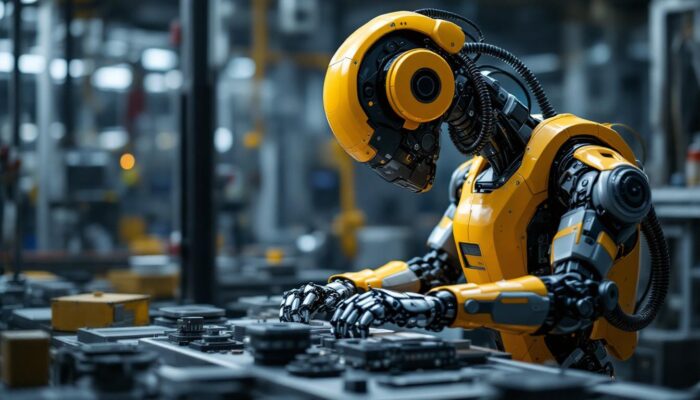 A photograph of a modern industrial robot in action within a manufacturing environment