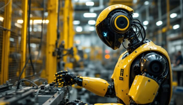 A photograph of capture a photograph of a tesla robit in action within an industrial setting