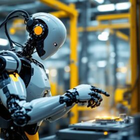 A photograph of a sleek industrial robot in action within a manufacturing environment