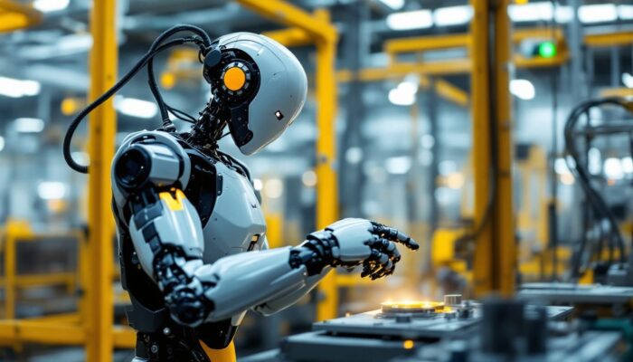 A photograph of a sleek industrial robot in action within a manufacturing environment