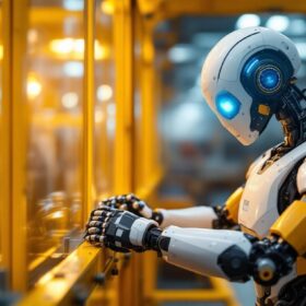 A photograph of a sleek industrial robot in action within a manufacturing environment