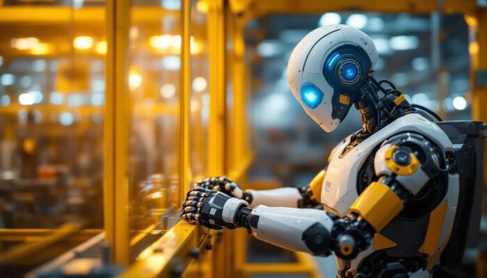 A photograph of a sleek industrial robot in action within a manufacturing environment