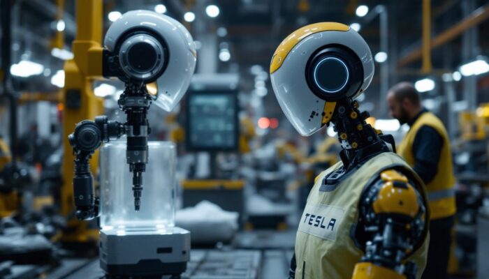 A photograph of a tesla bot in an industrial setting