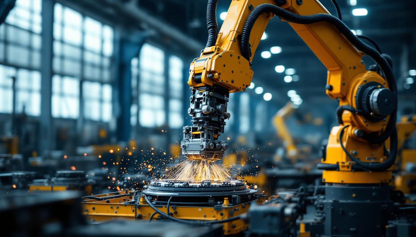 A photograph of a dynamic industrial setting featuring a hydraulic arm in action