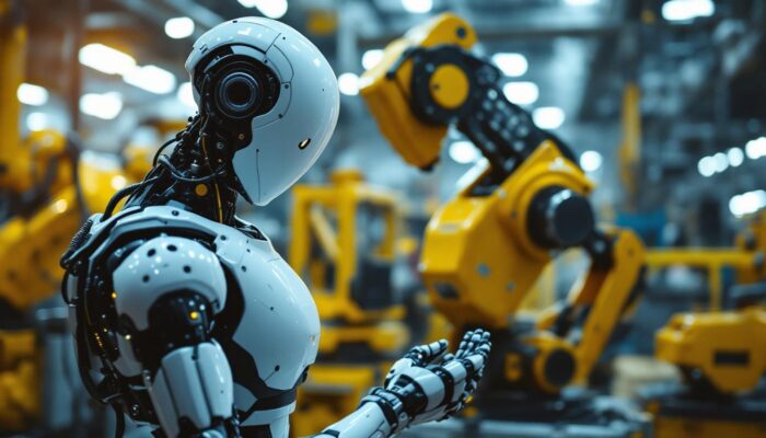 A photograph of a sleek industrial robot in action