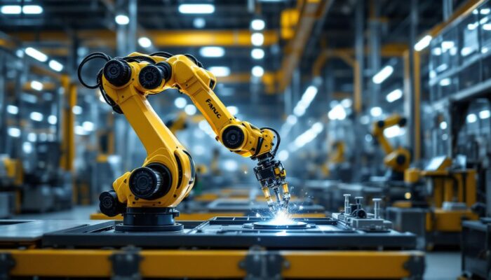 A photograph of a fanuc industrial robot in action on a factory floor