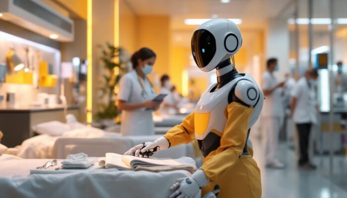 A photograph of a moxi robot in action within a hospital setting