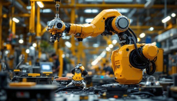 A photograph of a modern industrial robot in action on a factory floor