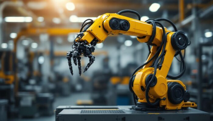 A photograph of a sleek industrial robotic arm in action