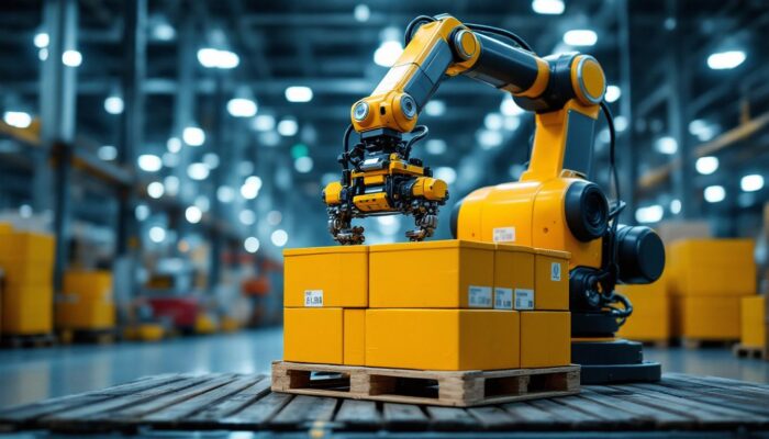 A photograph of a high-tech industrial robot in action