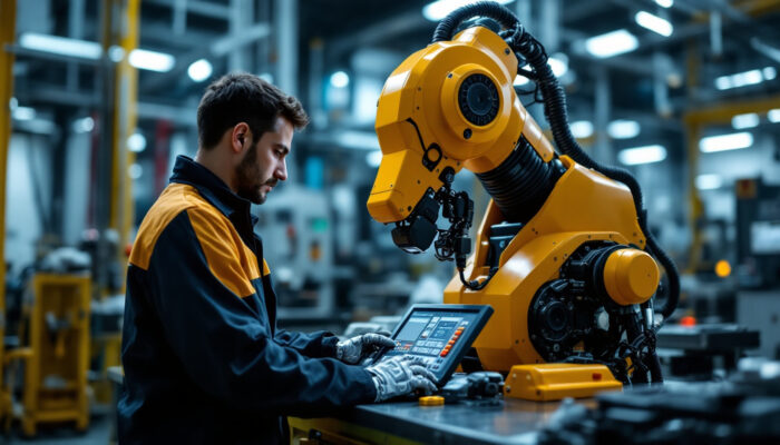 A photograph of a skilled technician programming or operating an industrial robot in a modern manufacturing environment