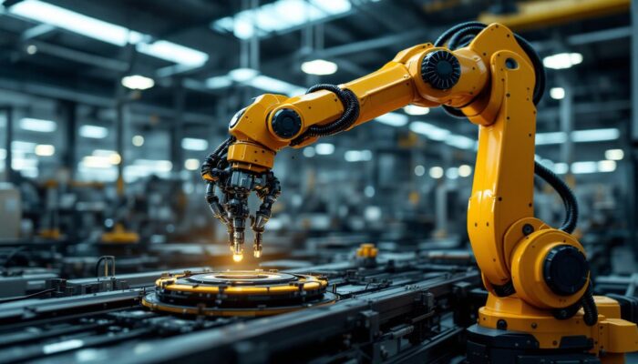 A photograph of a modern industrial setting showcasing a robotic arm in action
