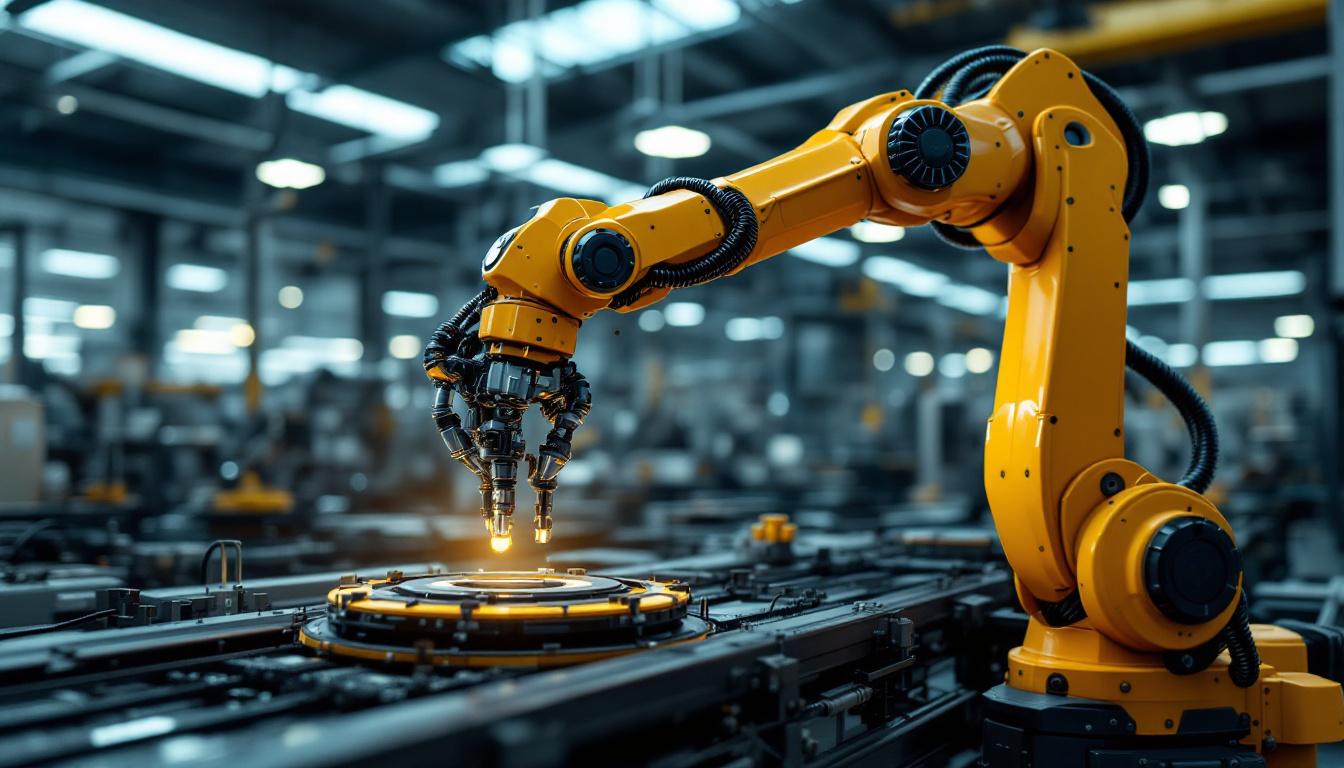 A photograph of a modern industrial setting showcasing a robotic arm in action