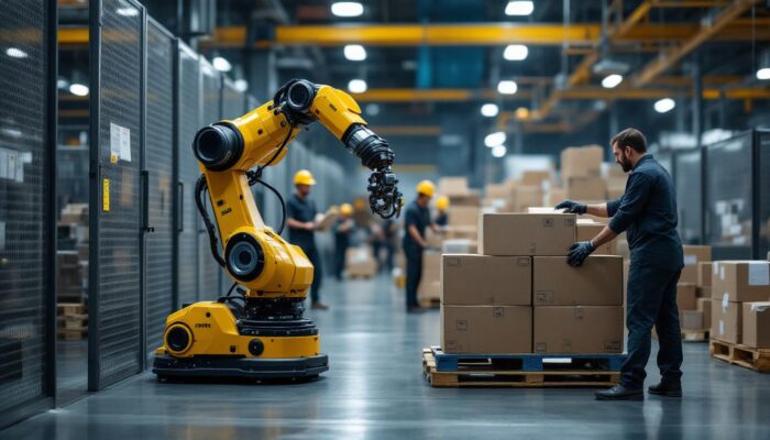 A photograph of a cobot palletizer in action within an industrial setting