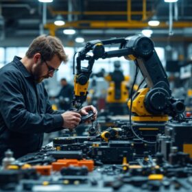 A photograph of a skilled technician assembling a complex industrial robot kit in a well-lit workshop