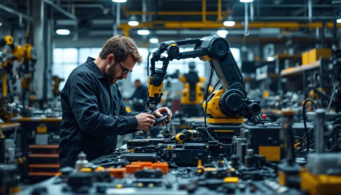 A photograph of a skilled technician assembling a complex industrial robot kit in a well-lit workshop