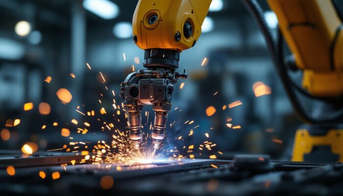 A photograph of a skilled robotic arm engaged in the precise process of automated welding