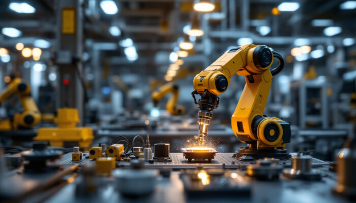 A photograph of a cartesian robot in action within an industrial setting