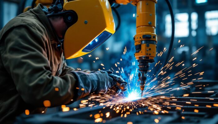 A photograph of a skilled technician adjusting the settings on an industrial robotic arm engaged in gas metal arc welding (gmaw)