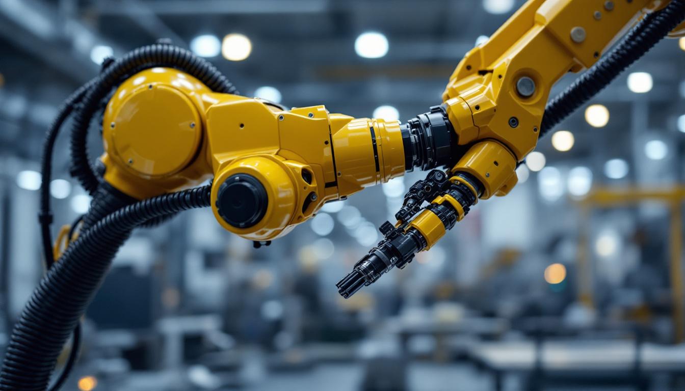 A photograph of a close-up view of a revolute joint in an industrial robotic arm