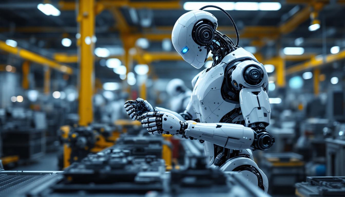 A photograph of a sleek industrial robot in action on a factory floor