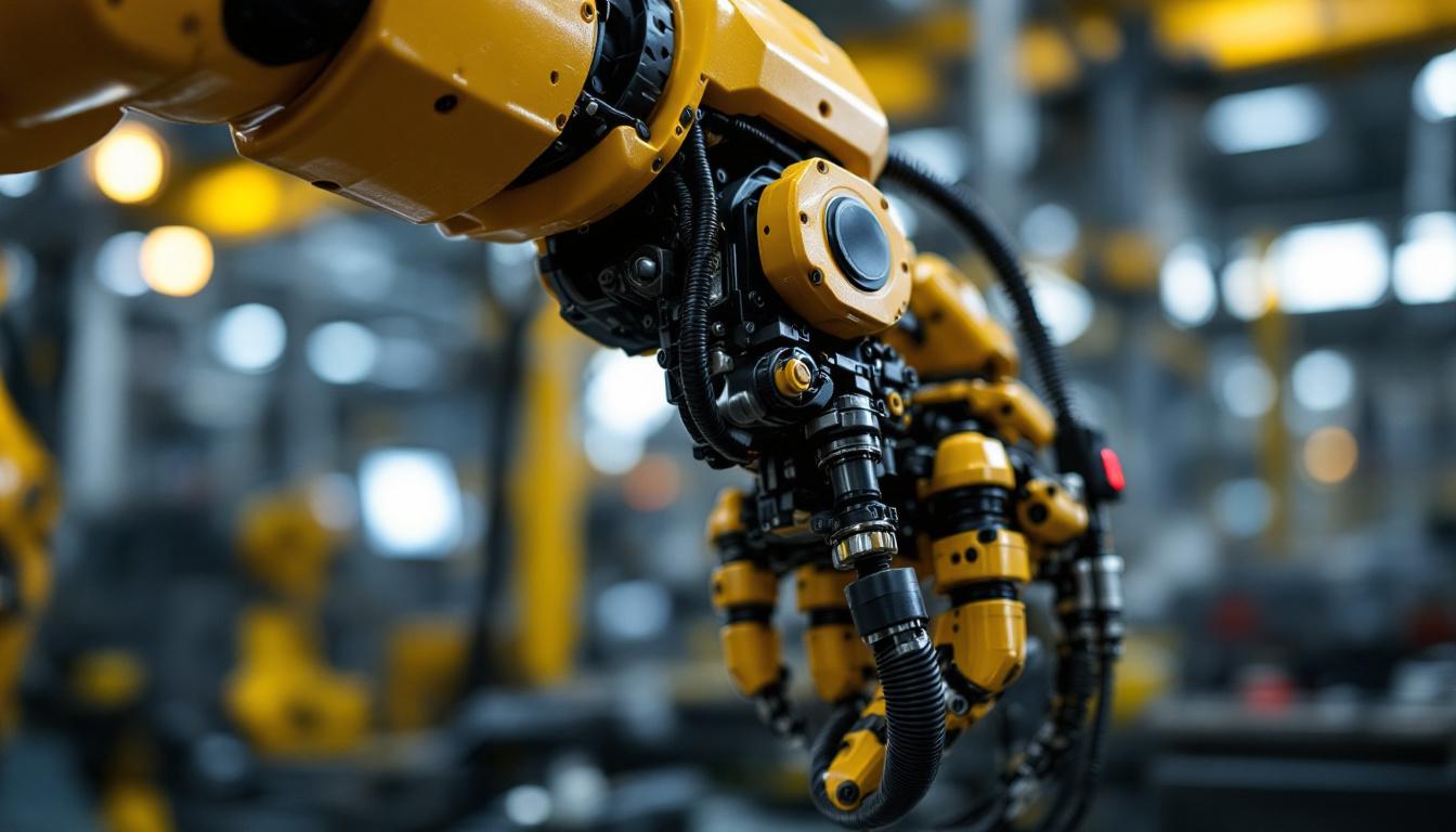 A photograph of a close-up of an industrial robotic arm in action