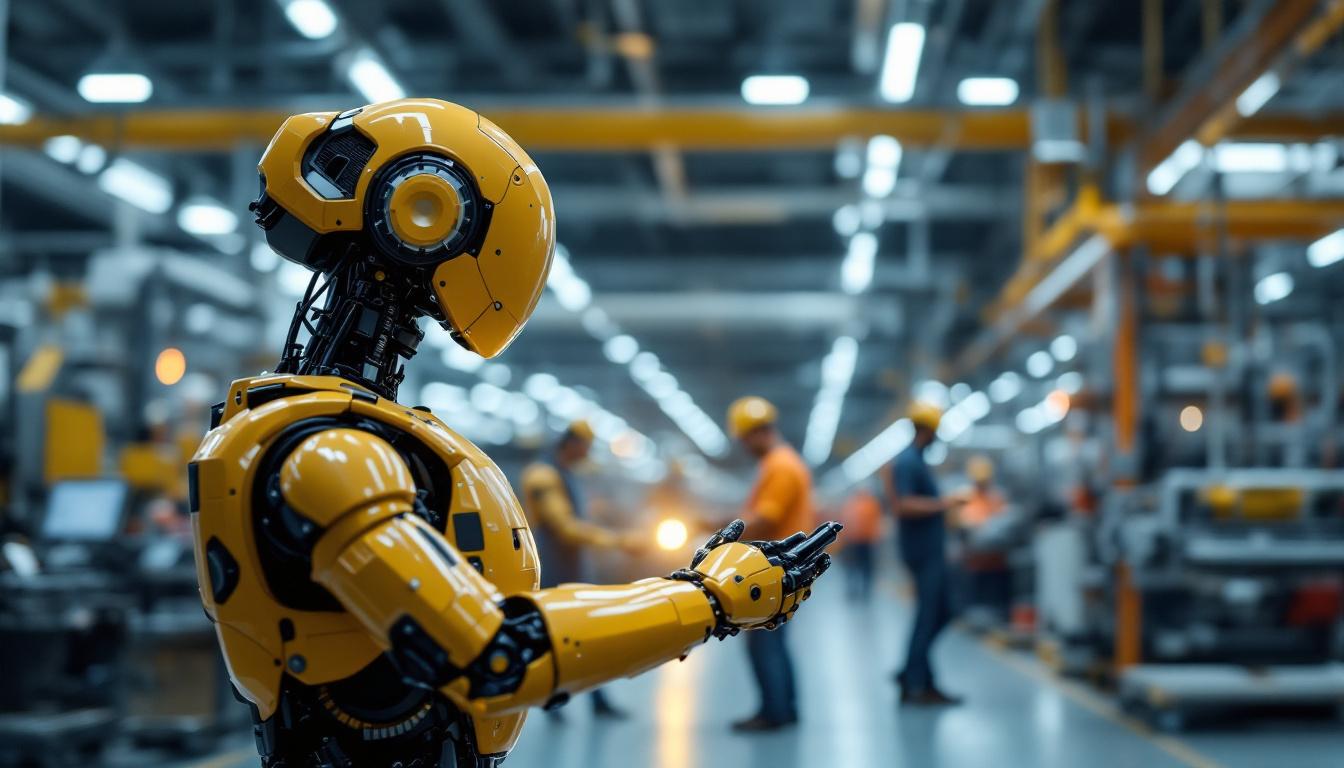 A photograph of a sleek industrial robot in action within a modern manufacturing facility