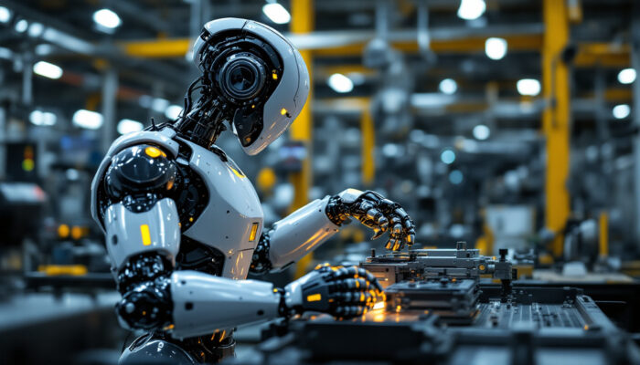 A photograph of a sleek industrial robot in action within a manufacturing environment