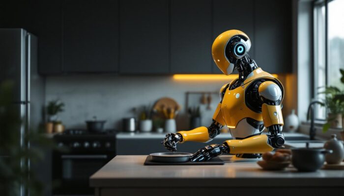 A photograph of a modern home environment featuring a sleek industrial robot performing a household task