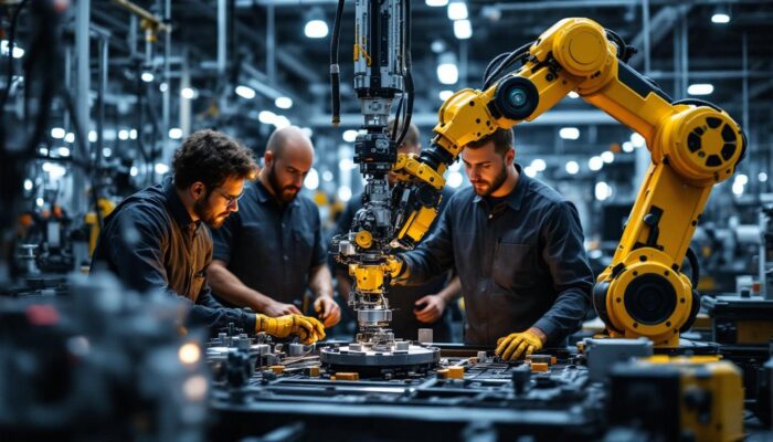 A photograph of a dynamic industrial robotics team in action
