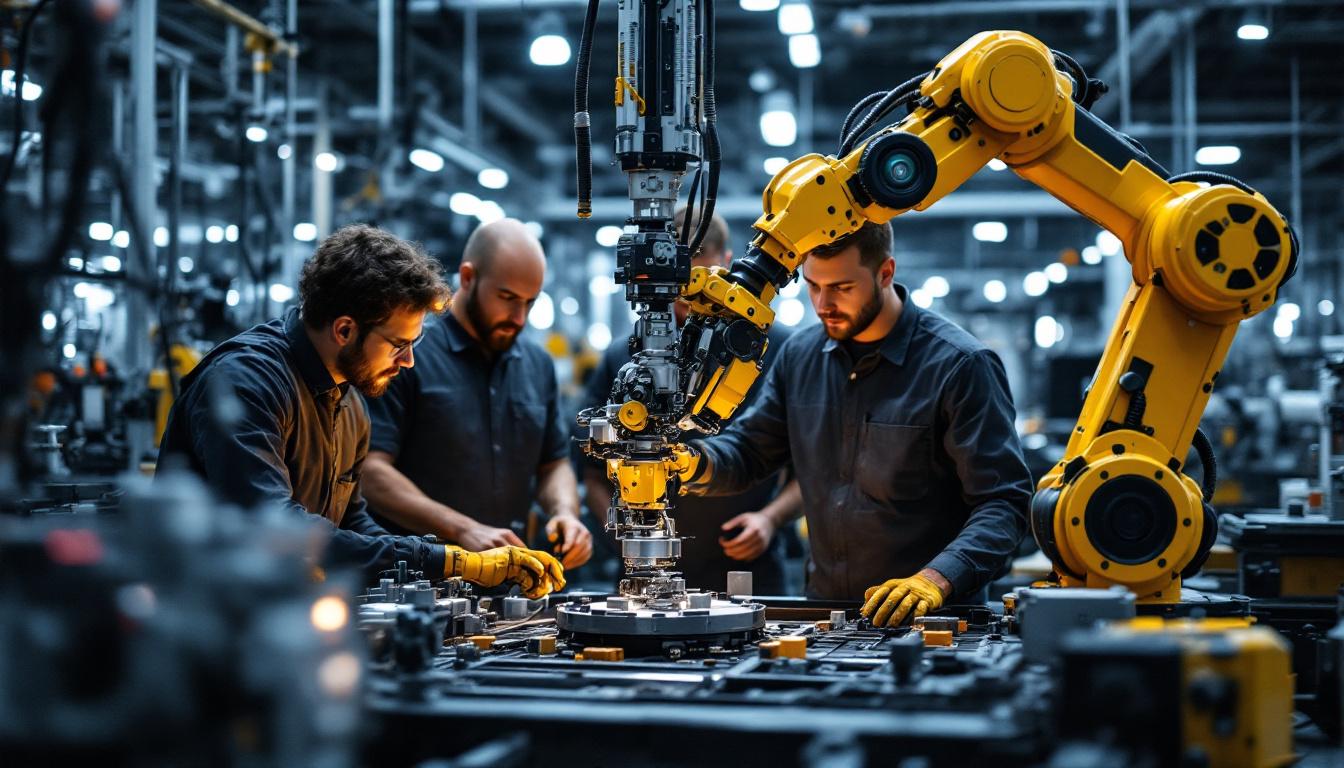 A photograph of a dynamic industrial robotics team in action