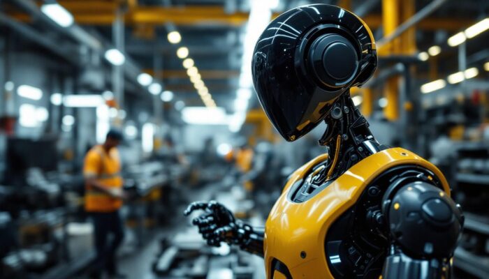 A photograph of a sleek and futuristic tesla optimus gen 2 robot in an industrial setting