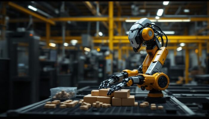 A photograph of a delta robot in action within an industrial setting