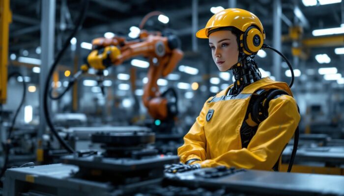 A photograph of capture a photograph of a tesla robot in an industrial setting