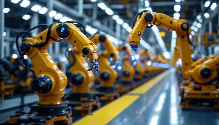 A photograph of a sleek bmw assembly line featuring advanced industrial robots in action